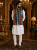 Multicolor Striped - Men's Silk Blend Sleeveless Striped Design Nehru Jacket