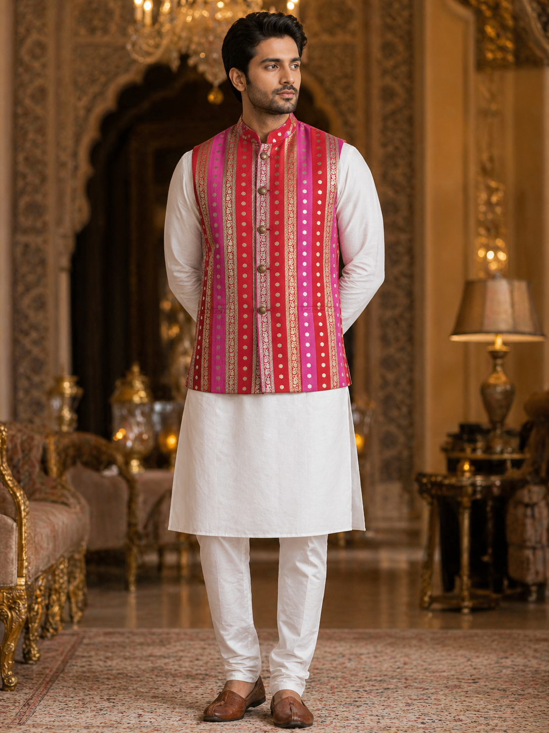 Multicolor Striped - Men's Silk Blend Sleeveless Striped Design Nehru Jacket