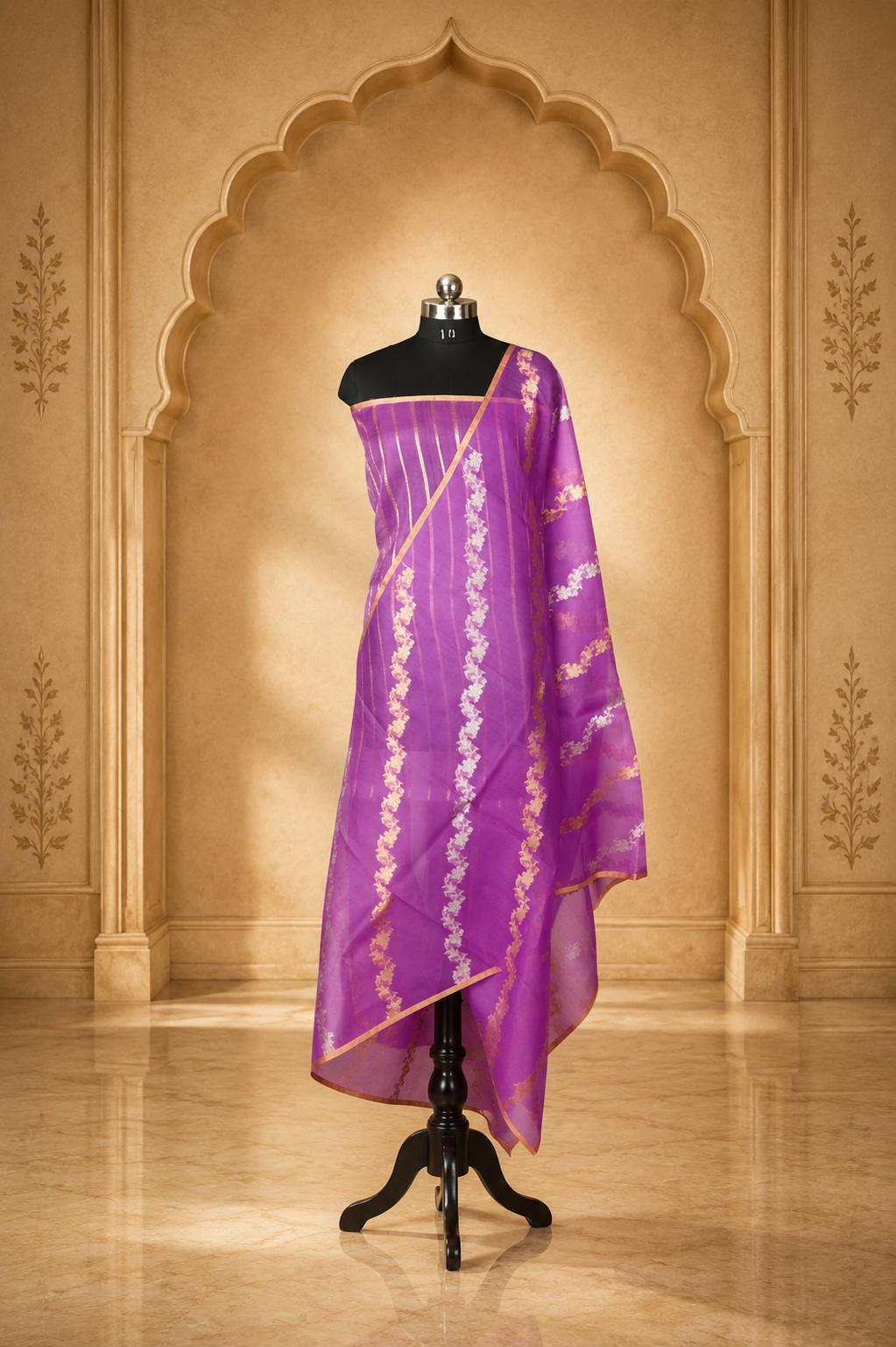 Purple - Pure Organza Banarasi Saree with Banarasi Half Laheria in gold and silver