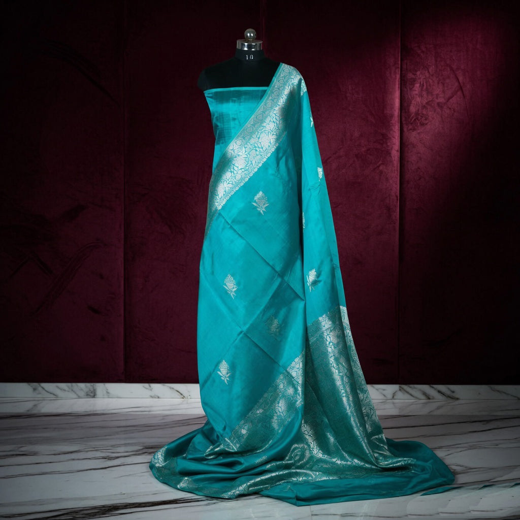 Aqua Green - Pure Raw Mango Banarasi Saree with Silver Zari and Skirt Border Design
