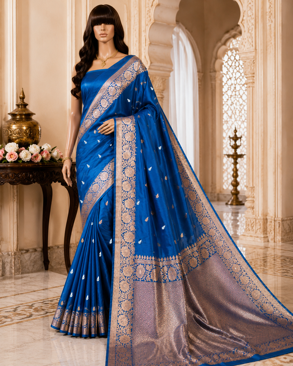 German Blue Contrast with lavender border - Pure Banarasi silk Saree with small golden and silver booti