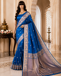 German Blue Contrast with lavender border - Pure Banarasi silk Saree with small golden and silver booti