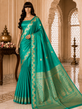 Green - Pure Raw Mango Banarasi Saree with Golden Boota Motifs and Laheria Design at Satin Border
