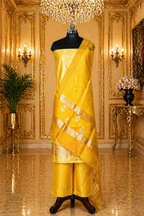 Yellow Banarasi Handloom Luxury Suit set contrast with golden yellow color.