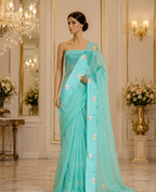 Sea Green - Pure Organza Banarasi Saree with Satin Border containing Alfi Golden Boota