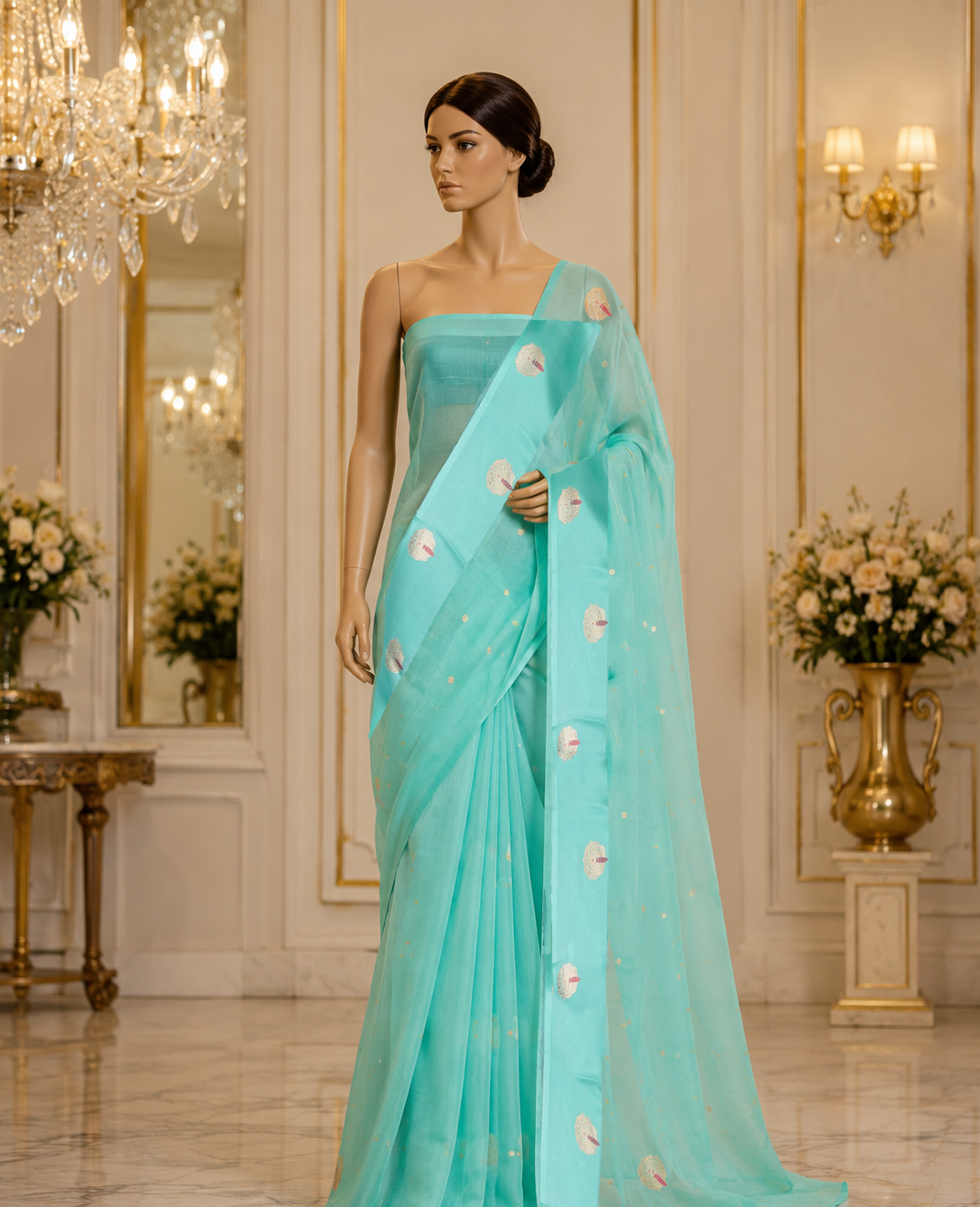 Sea Green - Pure Organza Banarasi Saree with Satin Border containing Alfi Golden Boota