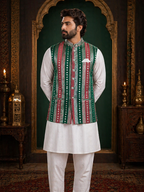 Multicolor Striped - Men's Silk Blend Sleeveless Striped Design Nehru Jacket
