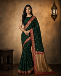 Deep Green contrast with Red  - Pure Raw Mango Banarasi Saree