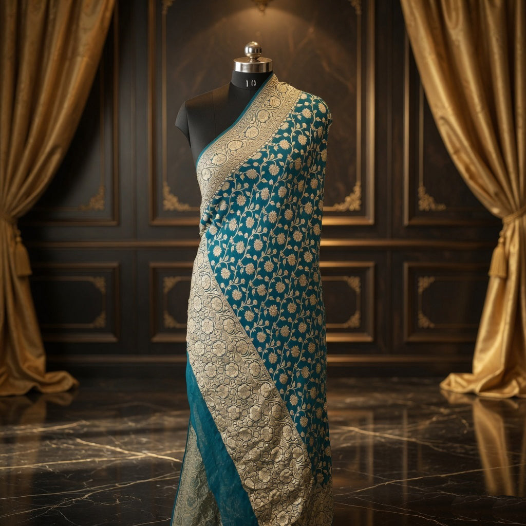 Cerulean Blue - Pure Georgette Banarasi Dupatta with Floral Jaal Pattern