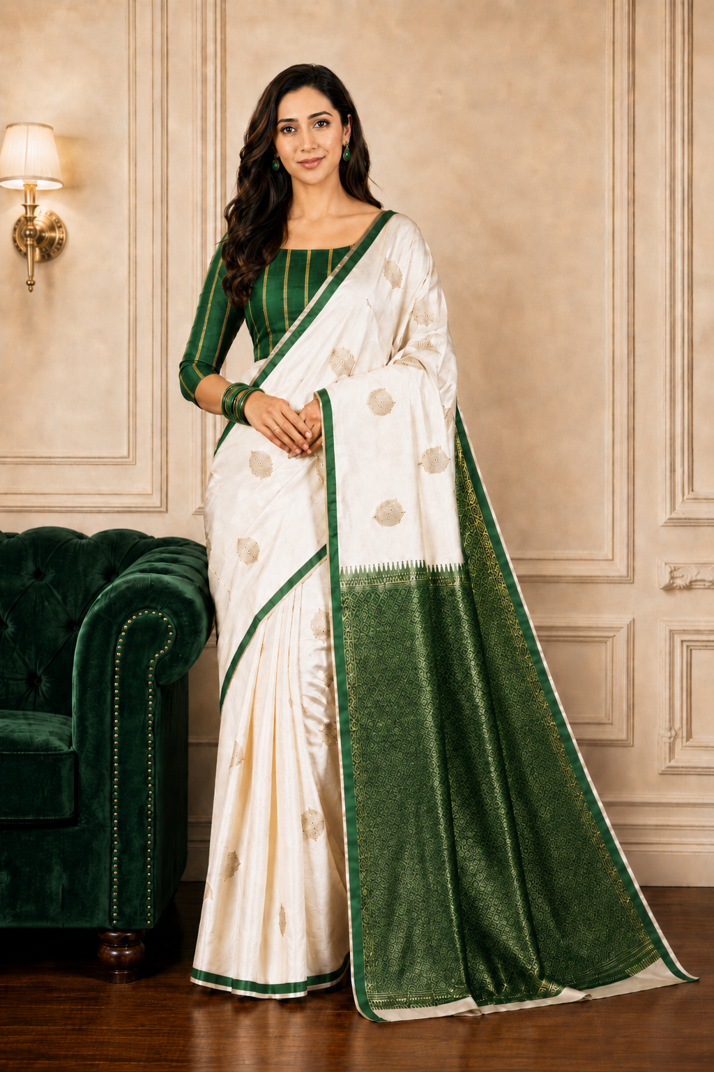 Off white with beautiful Deep Green motifs - Pure Soft Mashru Silk Banarasi Saree