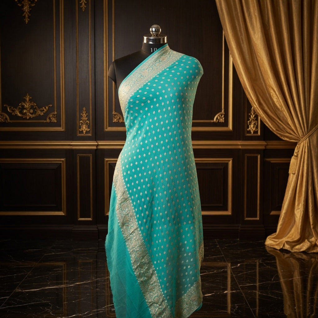 Cyan Green - Pure Georgette Banarasi Dupatta with Floral Booti Pattern