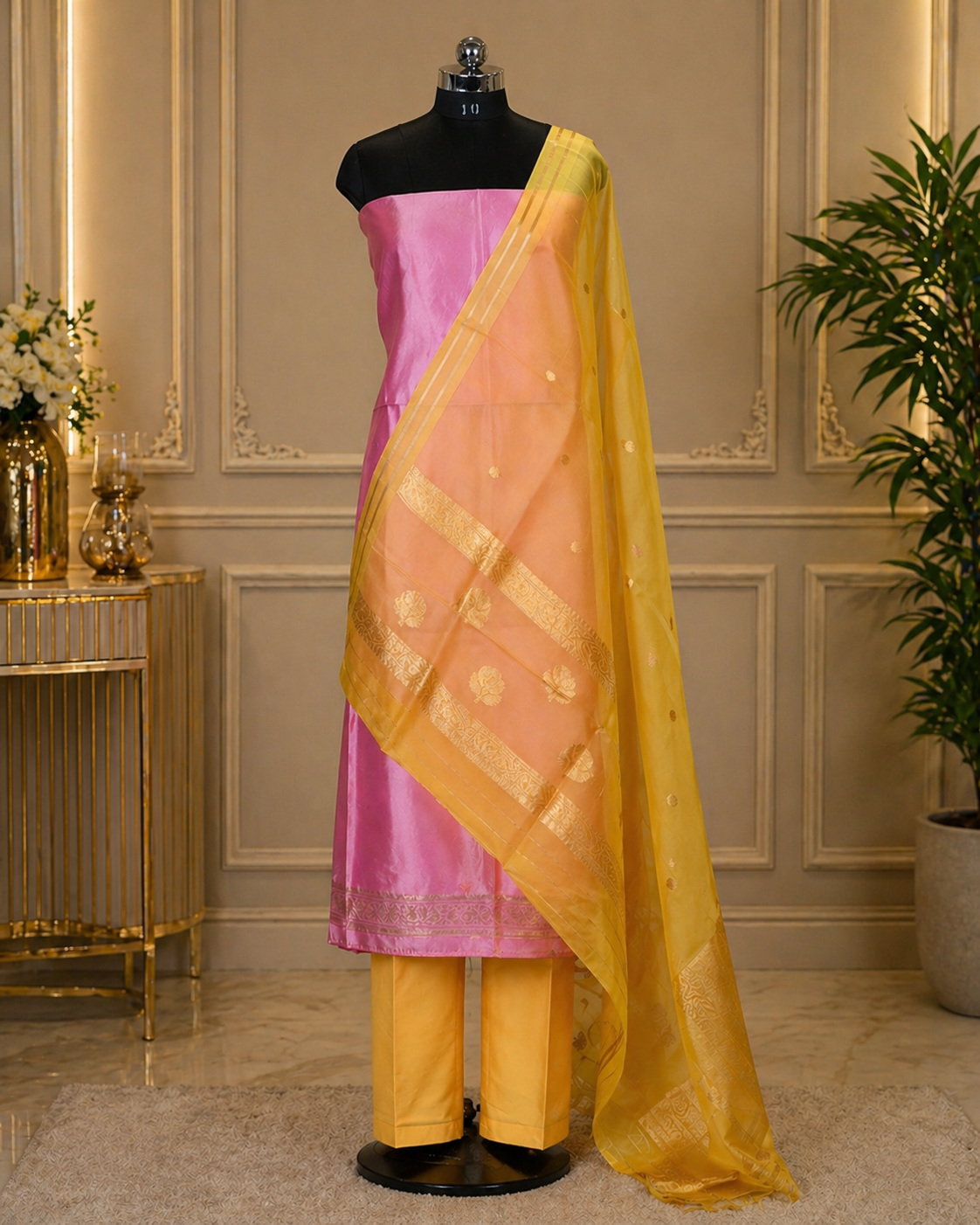 Pink Banarasi Handloom Luxury Suit set contrast with light Lemon Yellow color.