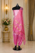 Pink Banarasi Handloom Luxury Suit set contrast with same pink color.