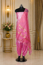 Pink Banarasi Handloom Luxury Suit set contrast with same pink color.