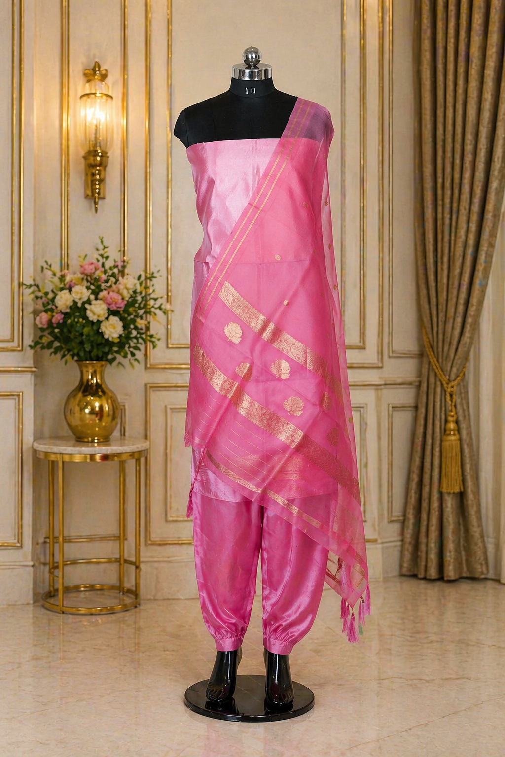 Pink Banarasi Handloom Luxury Suit set contrast with same pink color.