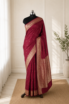Deep Garnet - Pure Chiniya Mashru Silk Banarasi Saree with small golden zari booti