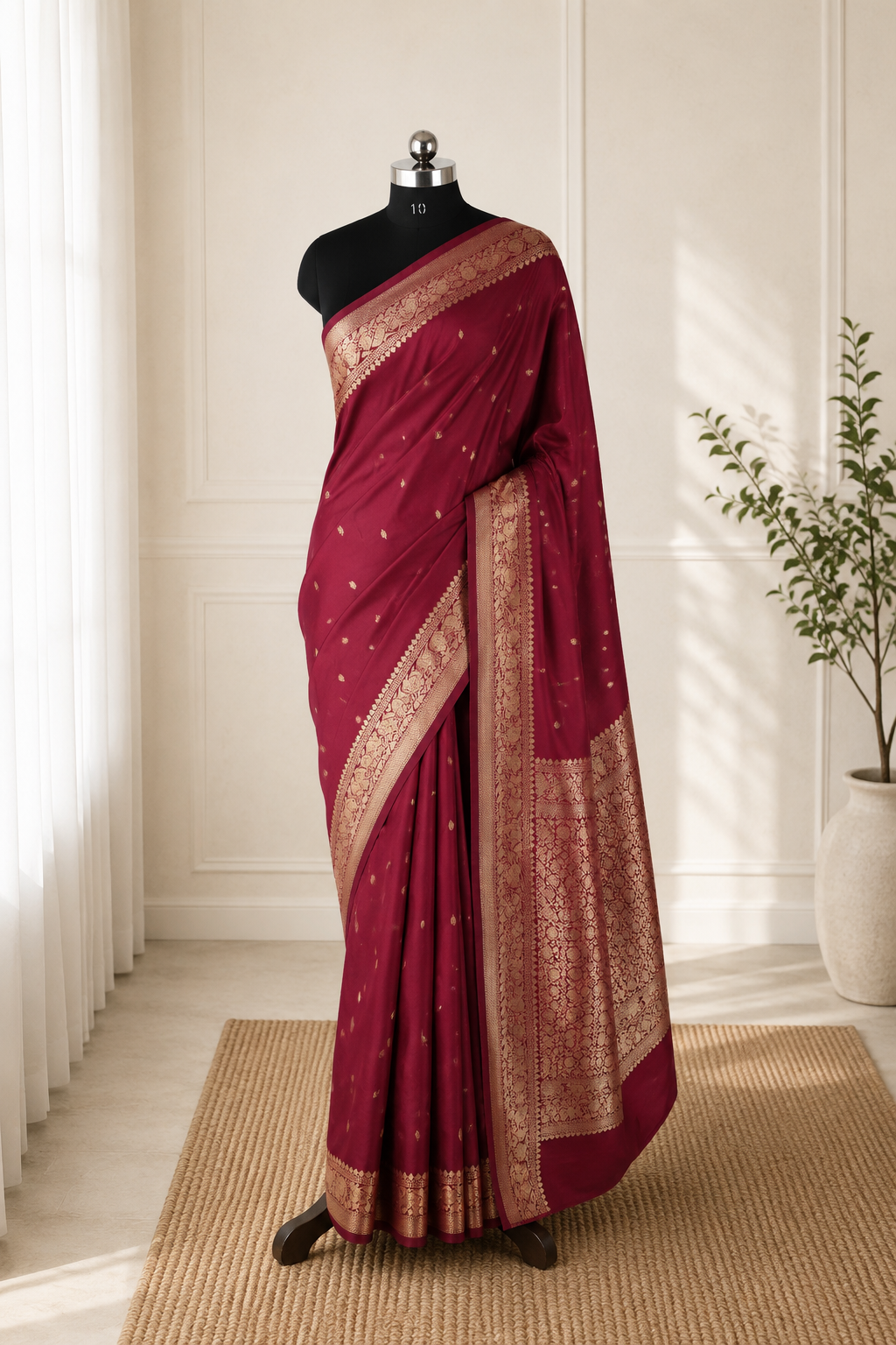 Deep Garnet - Pure Chiniya Mashru Silk Banarasi Saree with small golden zari booti