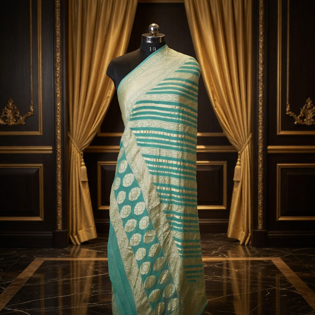Aqua Light Green - Pure Georgette Banarasi Dupatta with Floral Ara Lining Pattern