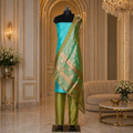 Teal Green Banarasi Handloom Luxury Suit set contrast with Deep Dhani Green color.
