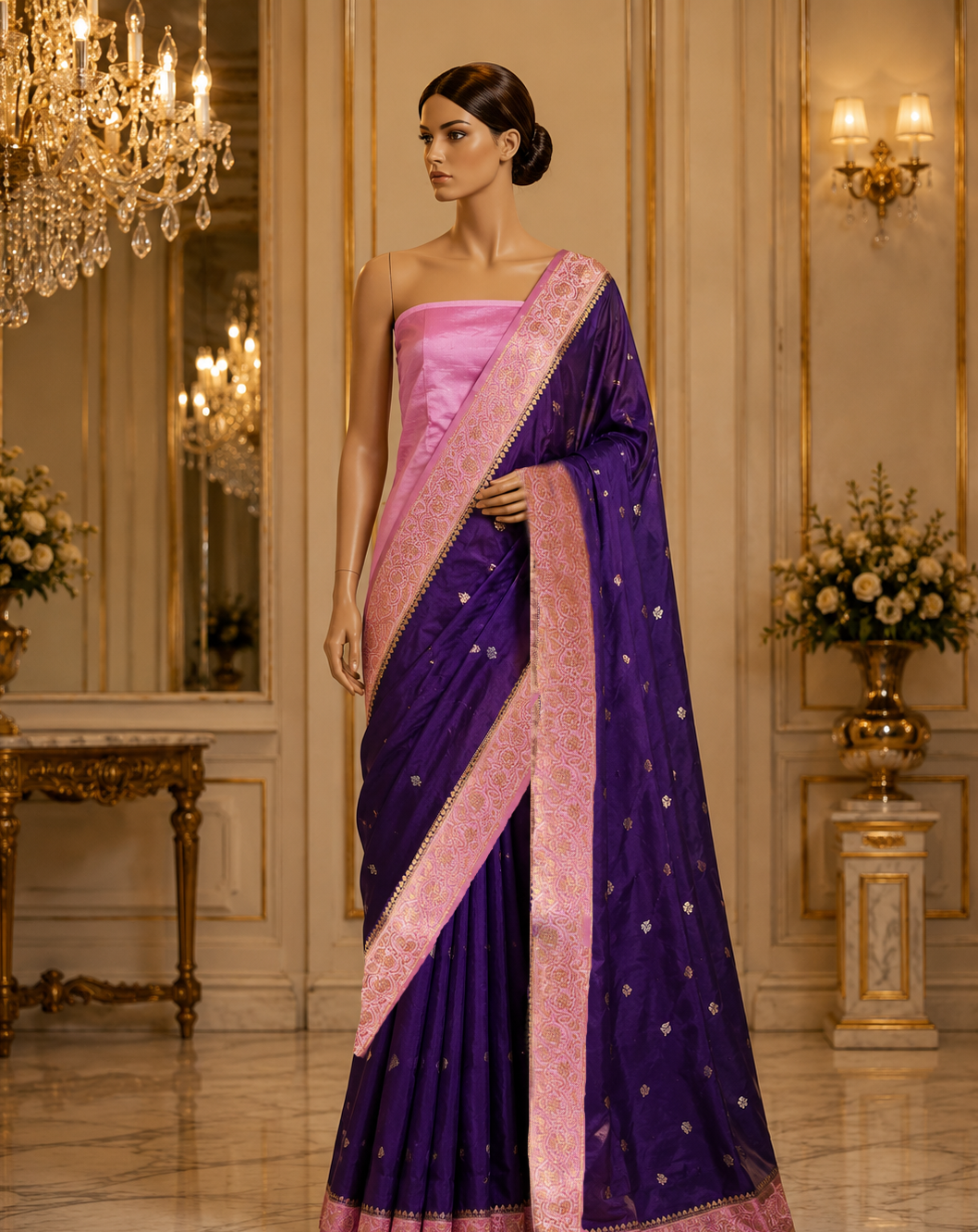 Purple Contrast with baby pink border - Pure Raw Mango Banarasi Saree with Goldenand silver Booti Motifs