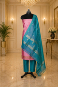 Pink Banarasi Handloom Luxury Suit set contrast with teal green color.
