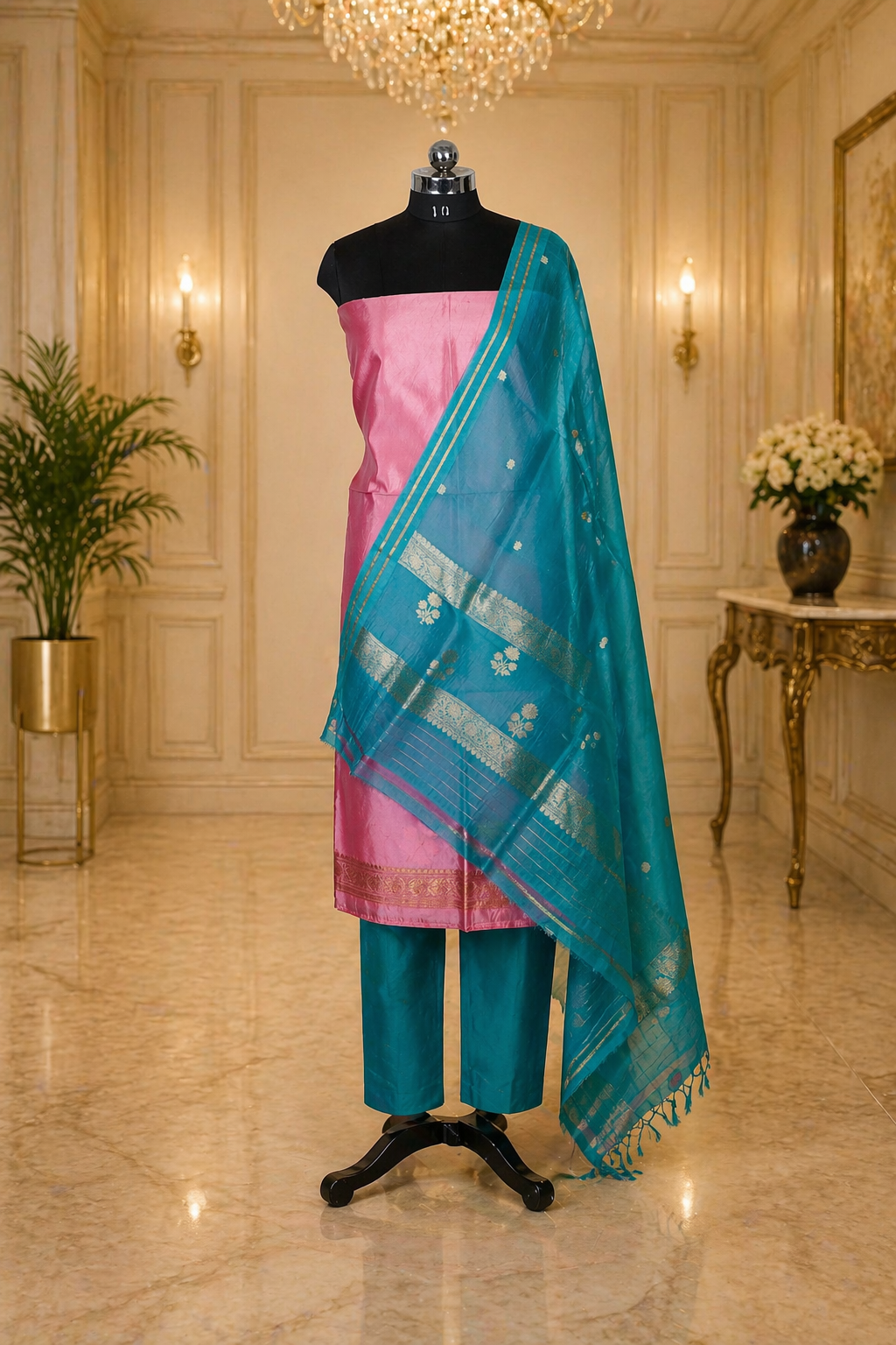 Pink Banarasi Handloom Luxury Suit set contrast with teal green color.