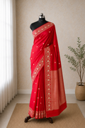 Red  - Pure Raw Mango Banarasi Saree with Goldenand silver Booti Motifs