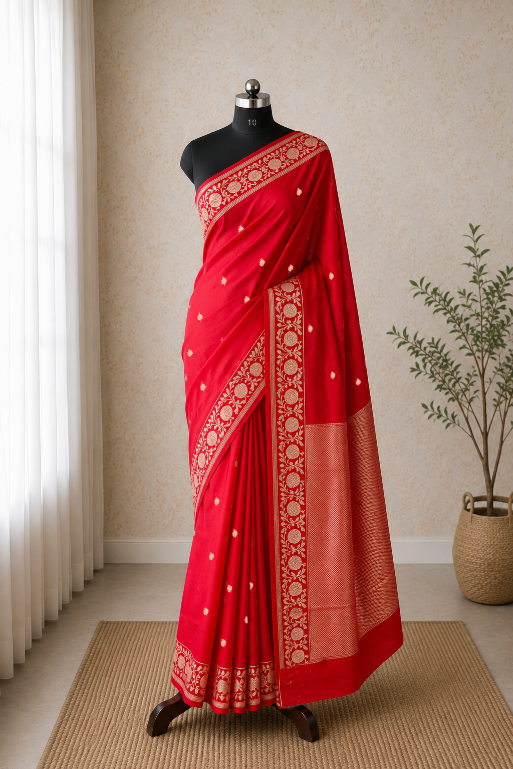 Red  - Pure Raw Mango Banarasi Saree with Goldenand silver Booti Motifs
