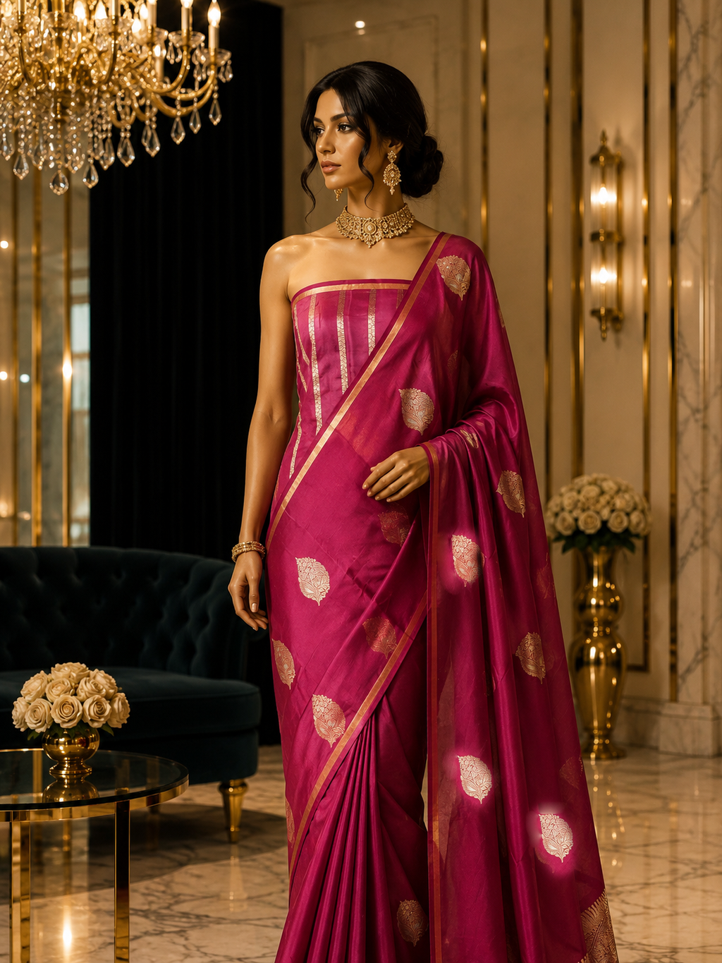 Boysenberry - Pure Soft Mashru Silk Banarasi Saree with Alfi Boota and Piping Zari Border