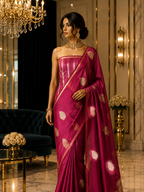 Boysenberry - Pure Soft Mashru Silk Banarasi Saree with Alfi Boota and Piping Zari Border