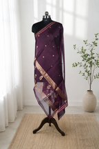 Wine - Pure soft Organza Silk Banarasi Dupatta with golden Booti design