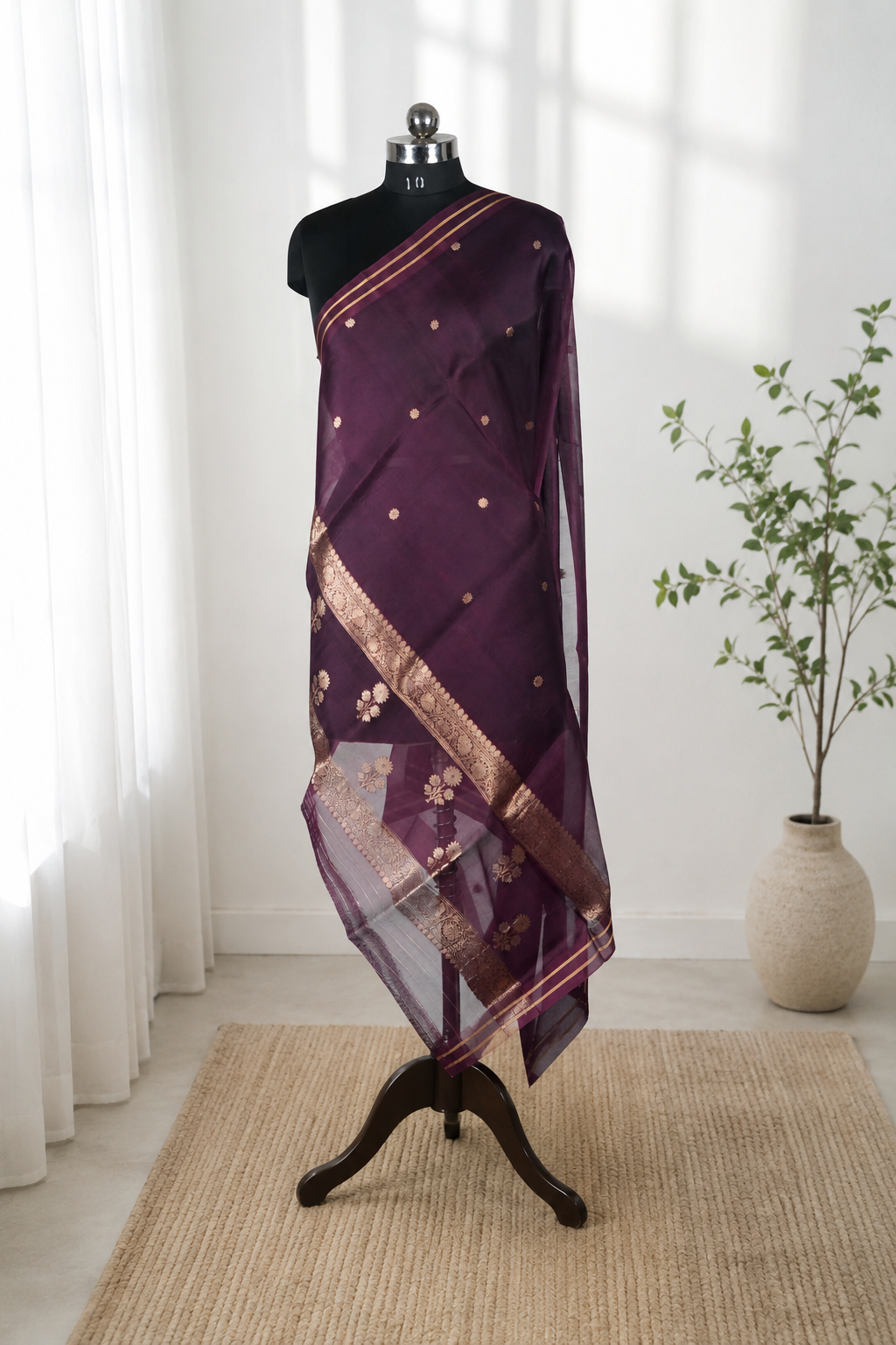 Wine - Pure soft Organza Silk Banarasi Dupatta with golden Booti design
