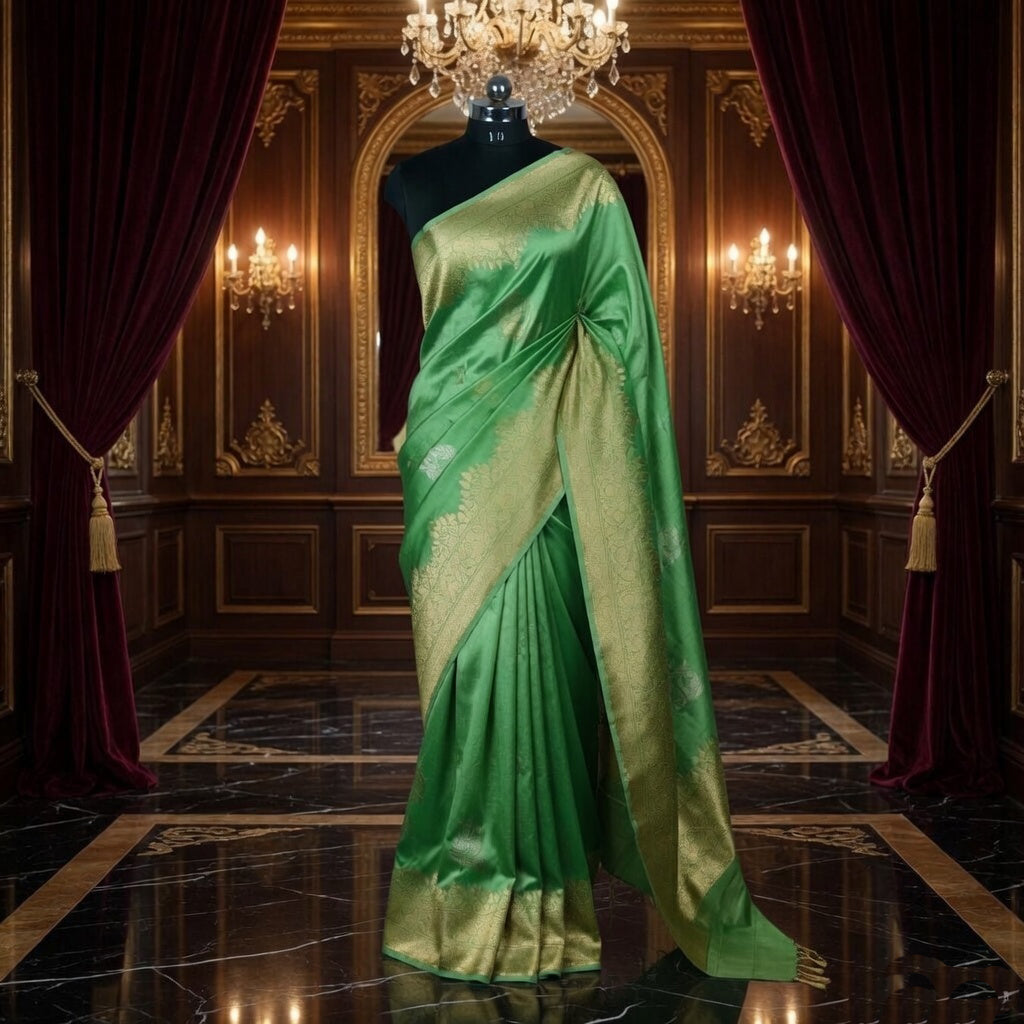 Light Green - Pure Silk Banarasi Saree with attractive Golden and silver boota design