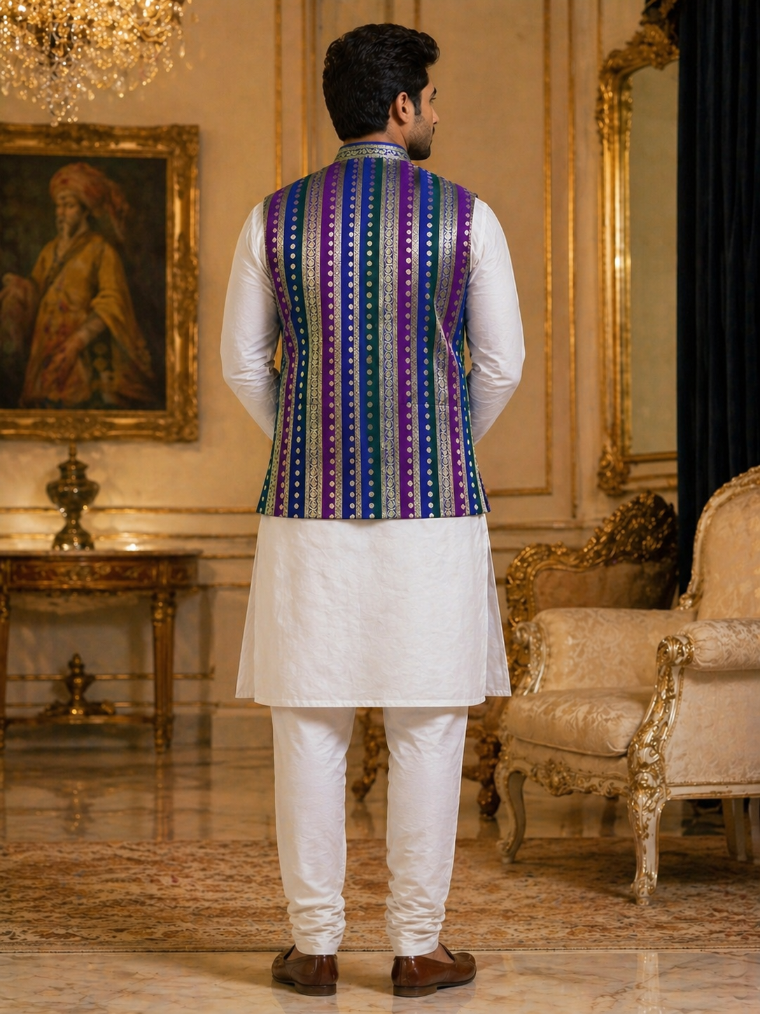 Multicolor Striped - Men's Silk Blend Sleeveless Striped Design Nehru Jacket