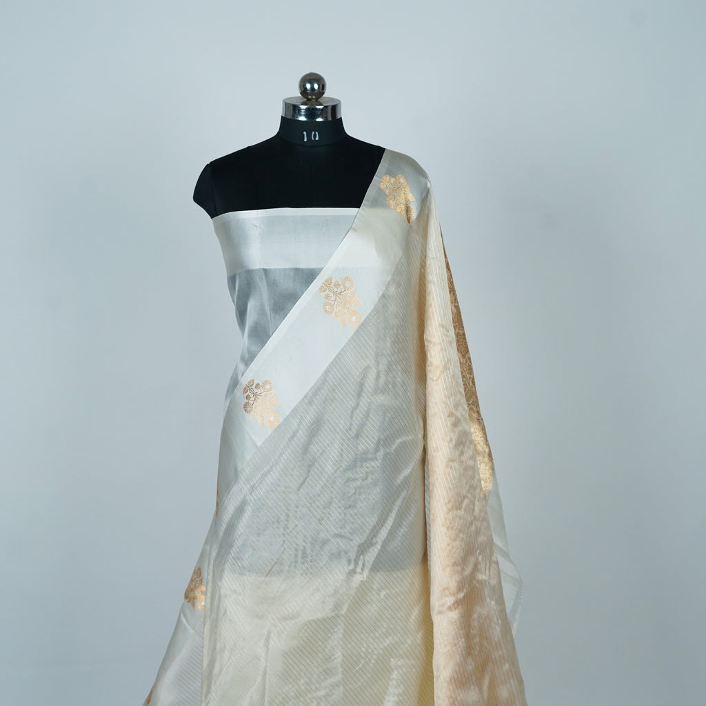 Off-white - Pure Organza Banarasi Saree with Plain Stripe Pattern and Satin Border