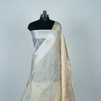 Off-white - Pure Organza Banarasi Saree with Plain Stripe Pattern and Satin Border