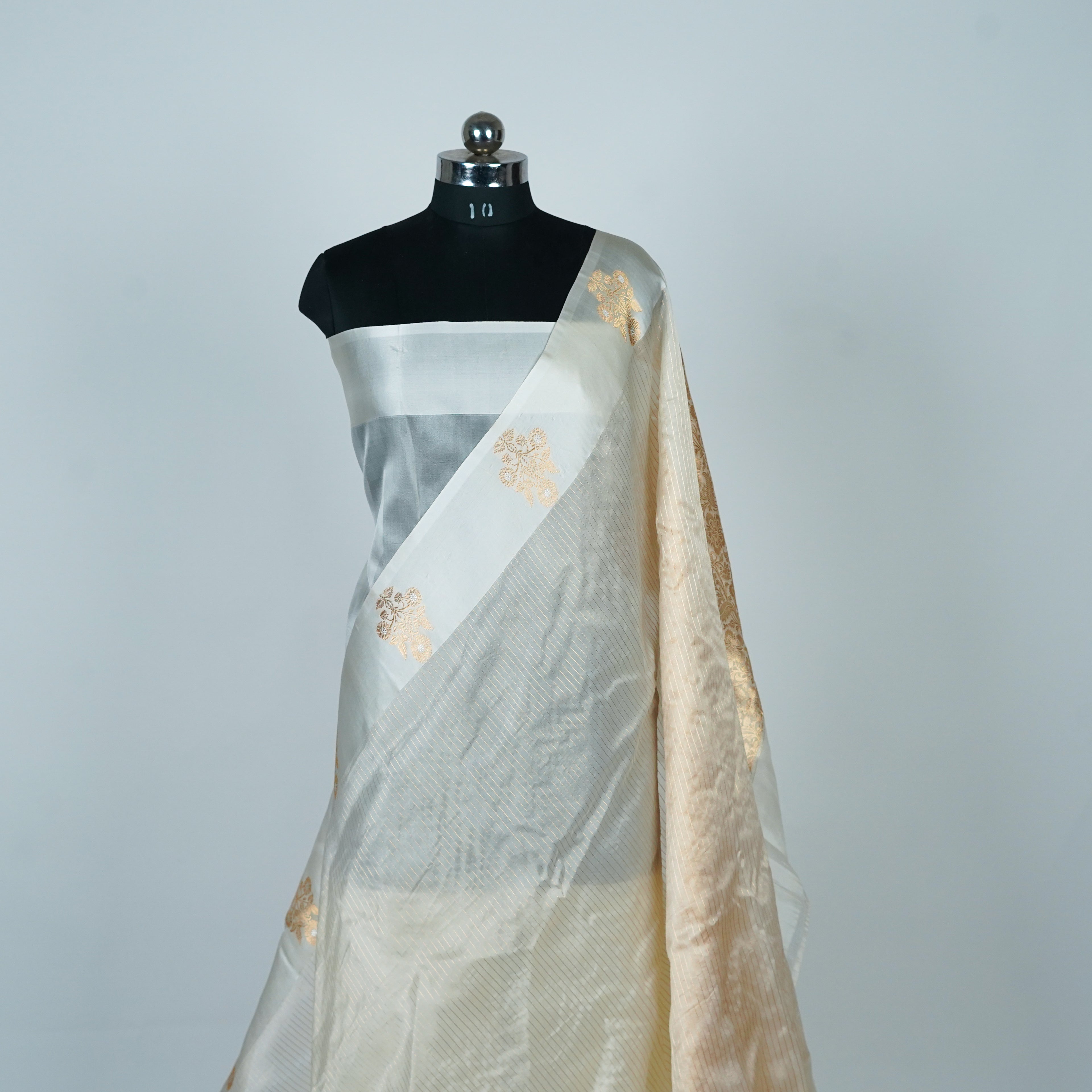 Off-white - Pure Organza Banarasi Saree with Plain Stripe Pattern and Satin Border