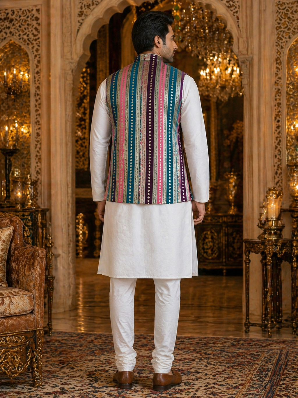 Multicolor Striped - Men's Silk Blend Sleeveless Striped Design Nehru Jacket