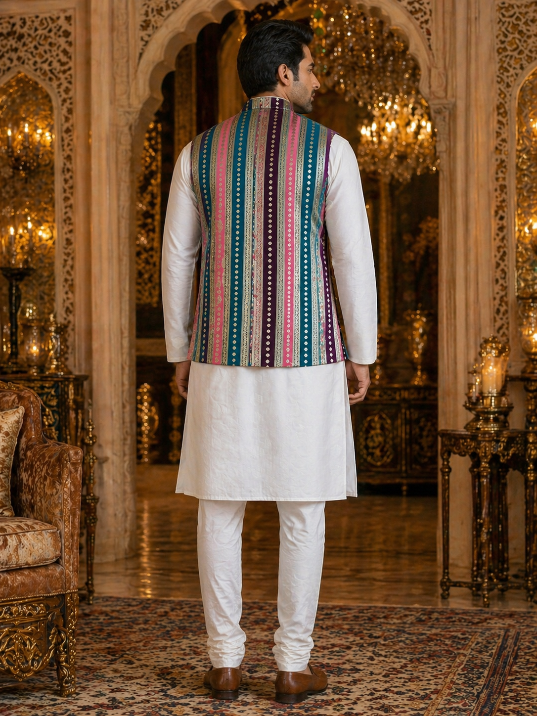 Multicolor Striped - Men's Silk Blend Sleeveless Striped Design Nehru Jacket
