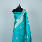 Aqua Green - Pure Raw Mango Banarasi Saree with Silver Zari and Skirt Border Design