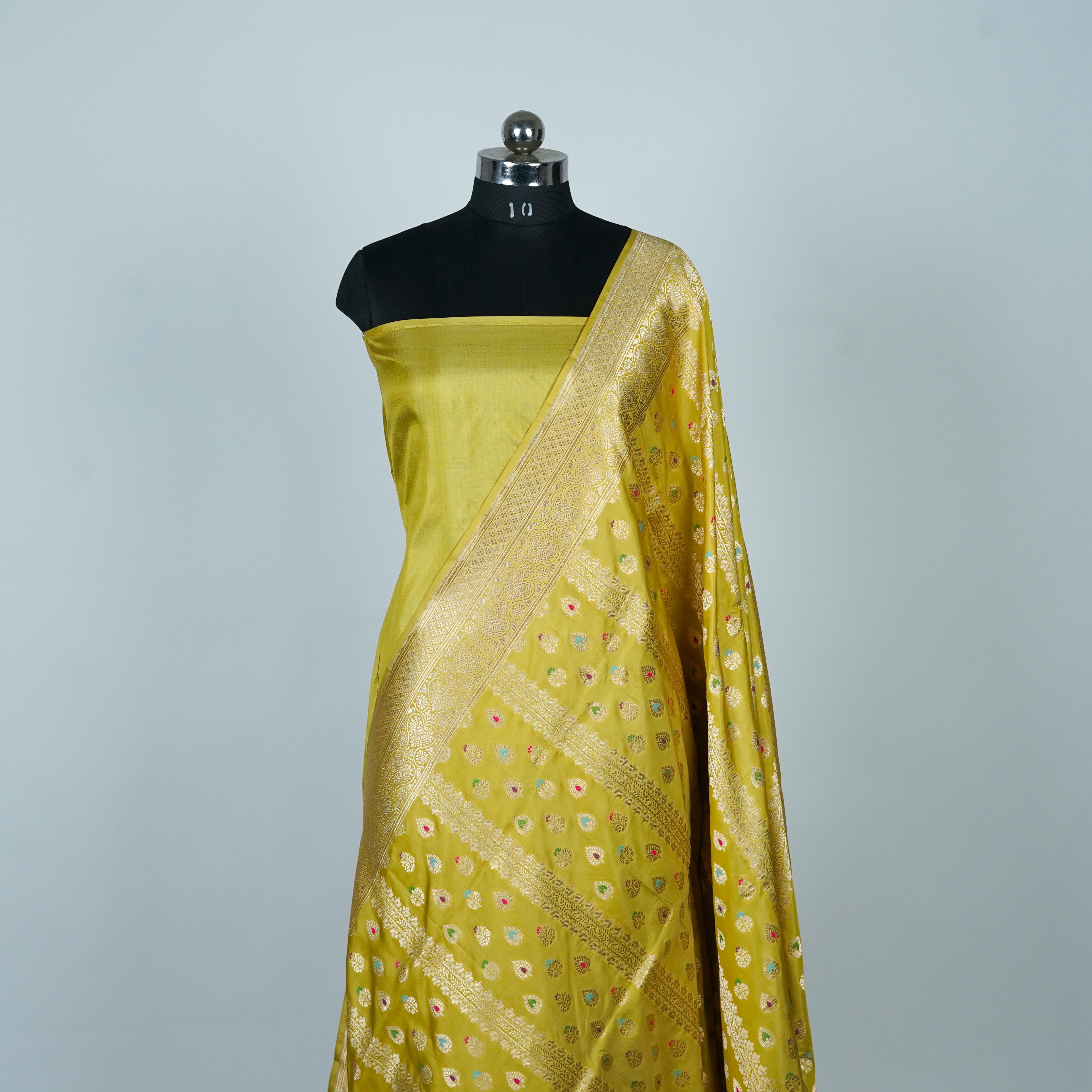 Lemon Yellow - Pure Katan Silk Banarasi Saree with water zari and multi color Booti