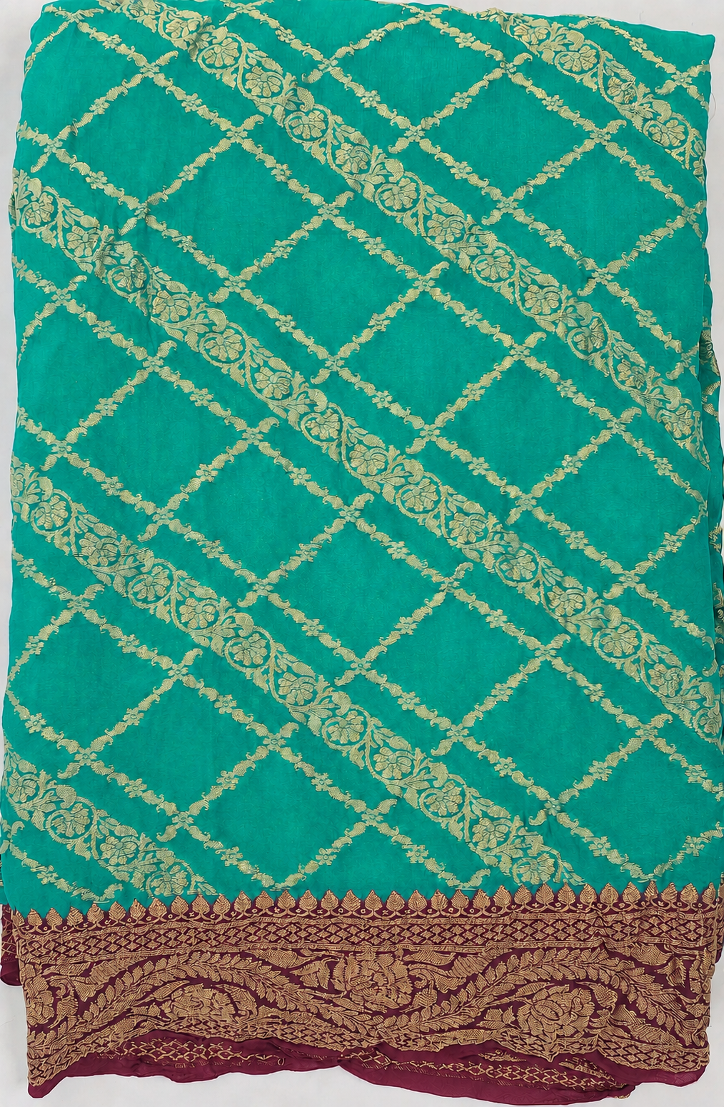 Sea Green contrast with Wine - Pure Khaddi Chiffon Georgette Silk Banarasi Saree