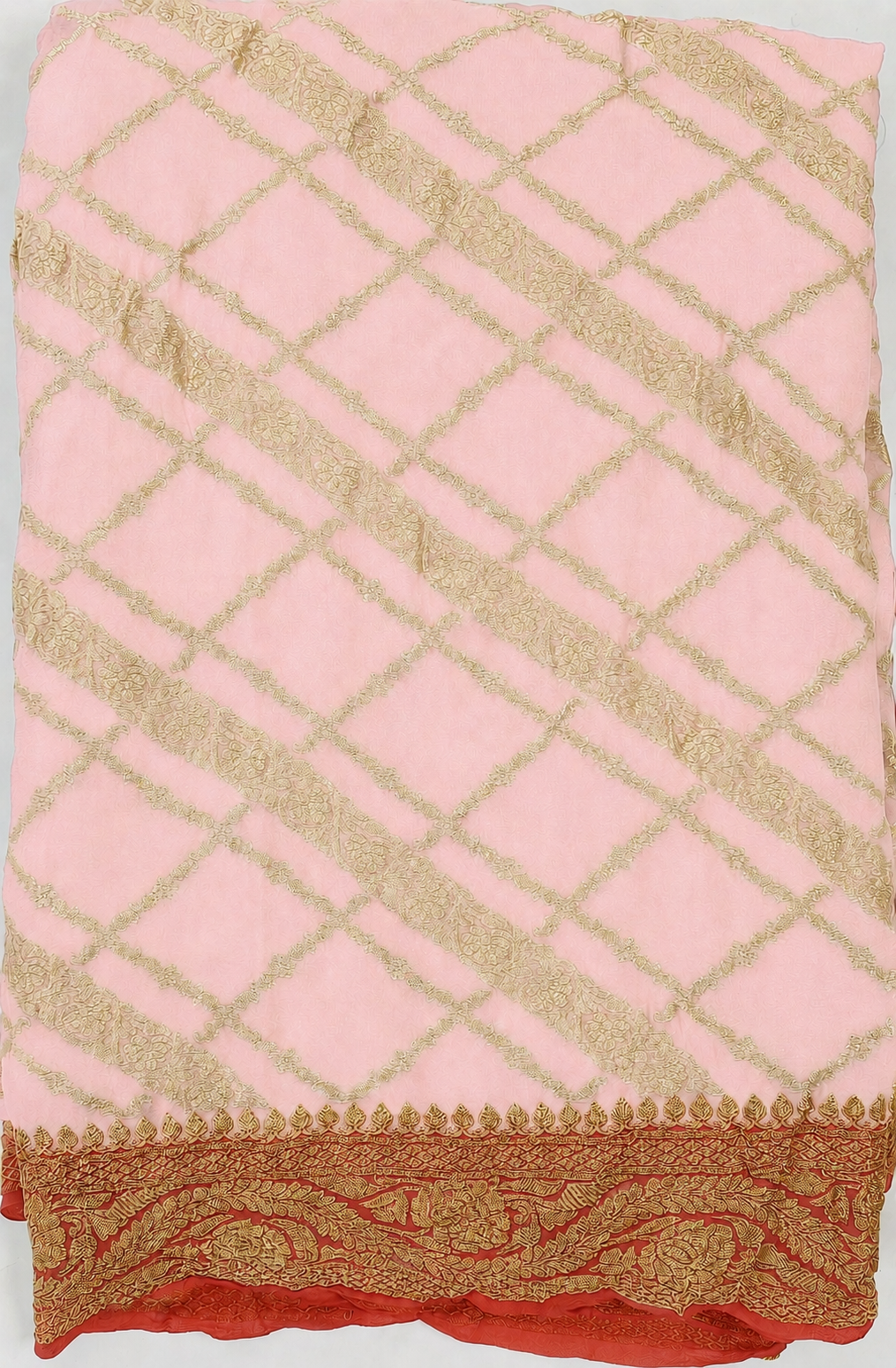 Baby Pink contrast with Golden Red - Pure Khaddi Chiffon Georgette Silk Banarasi Saree
