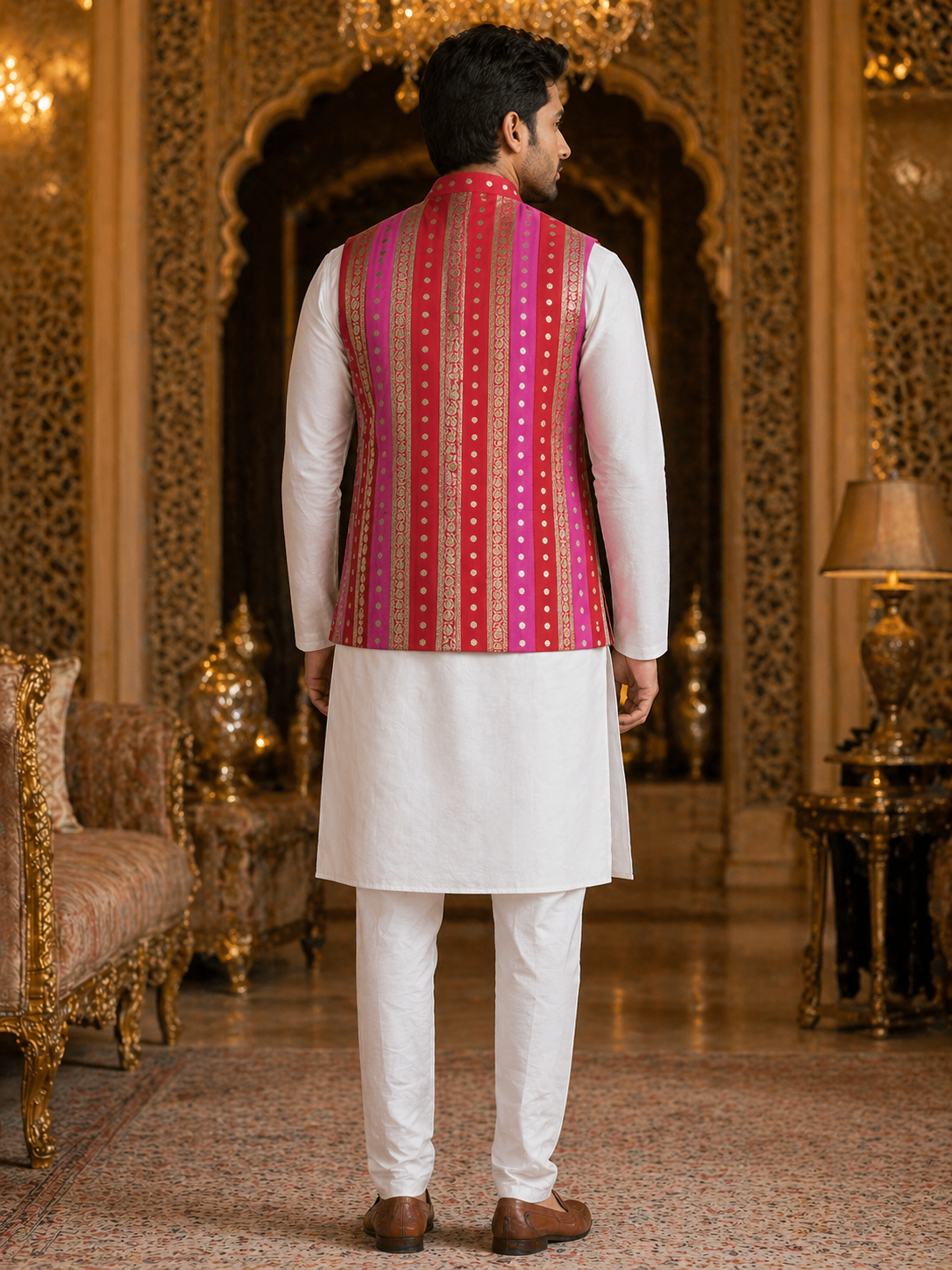 Multicolor Striped - Men's Silk Blend Sleeveless Striped Design Nehru Jacket