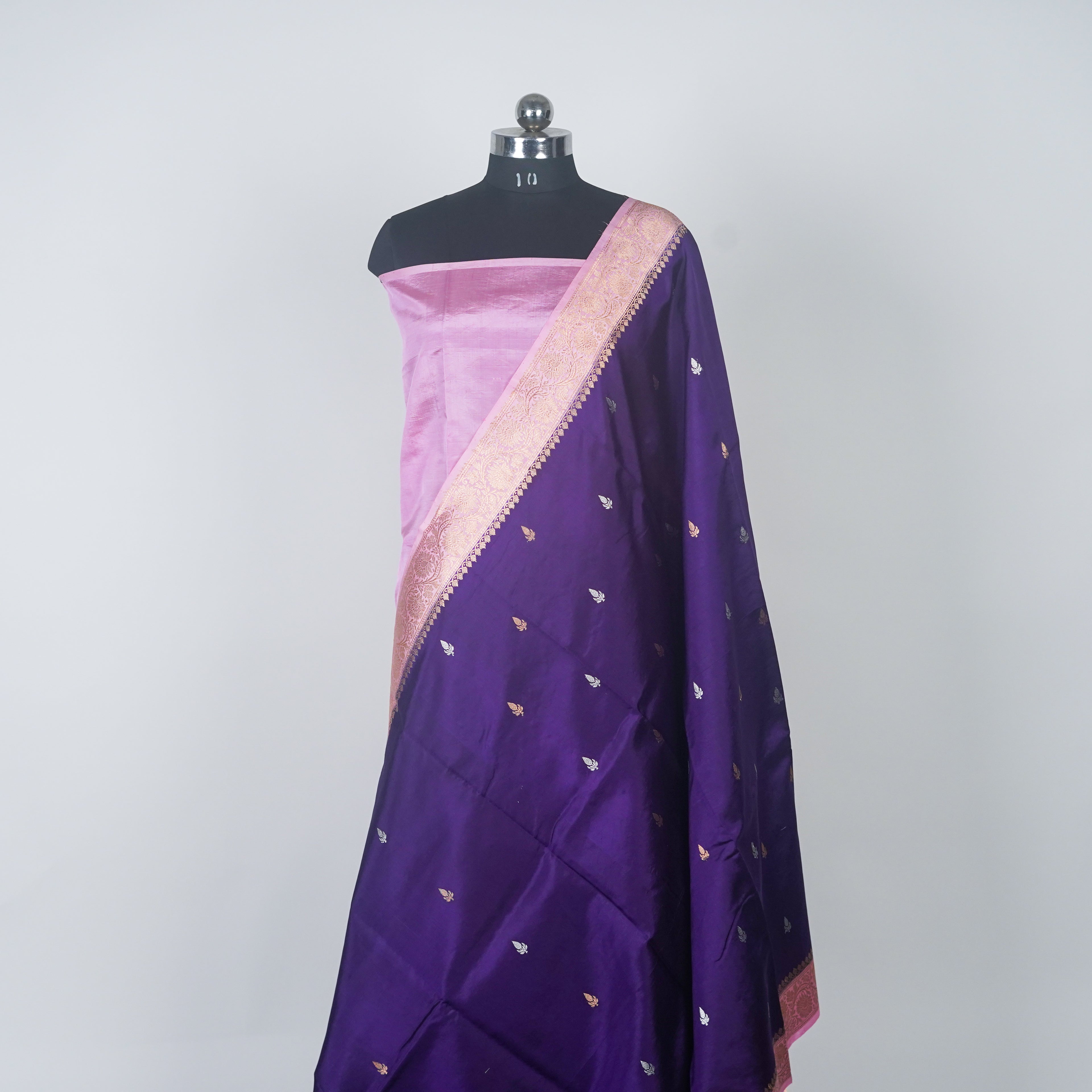 Purple Contrast with baby pink border - Pure Raw Mango Banarasi Saree with Goldenand silver Booti Motifs