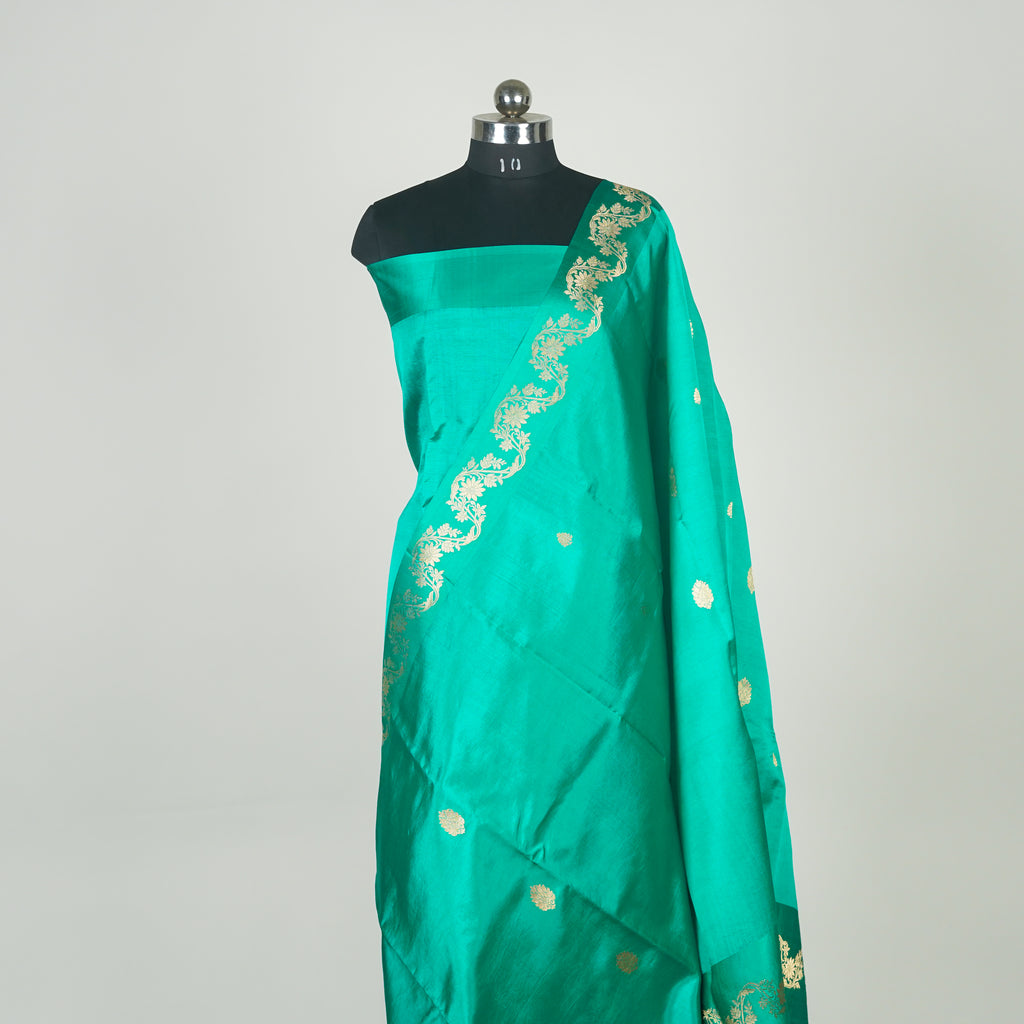 Green - Pure Raw Mango Banarasi Saree with Golden Boota Motifs and Laheria Design at Satin Border