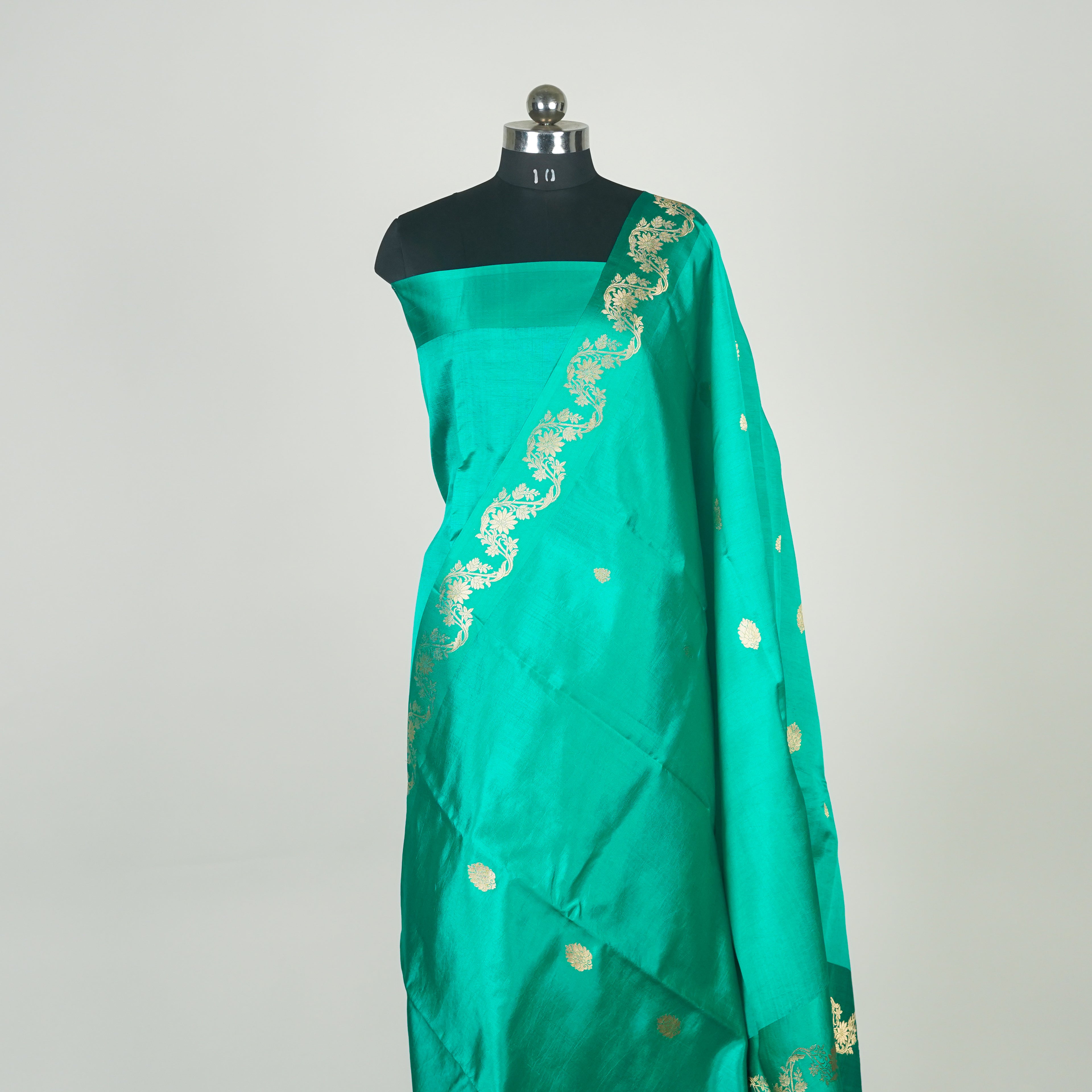 Green - Pure Raw Mango Banarasi Saree with Golden Boota Motifs and Laheria Design at Satin Border