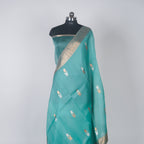 Aqua Teal Blue - Pure Organza Silk Banarasi Saree with Alfi Boota