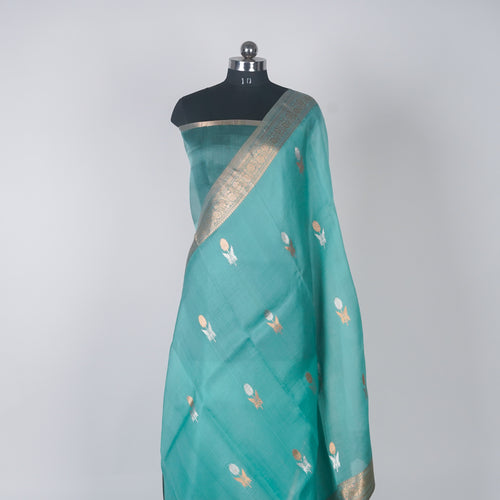 Aqua Teal Blue - Pure Organza Silk Banarasi Saree with Alfi Boota