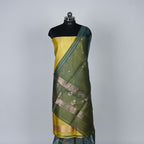 Yellow Banarasi Handloom Luxury Suit set contrast with emerald deep green color.